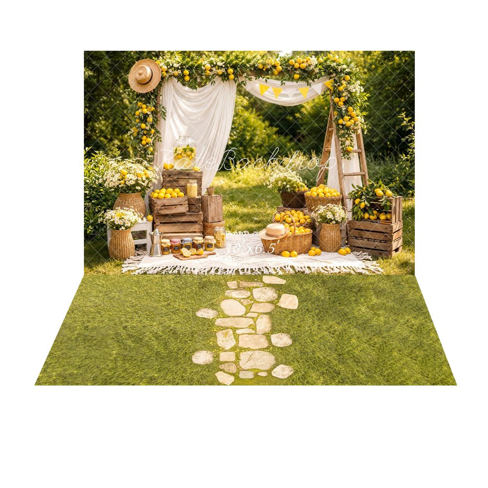 Kate Summer Lemon Flower Arch Picnic Baskets Crates Printed Backdrop+Stone Pathway in Green Meadow Printed Backdrop