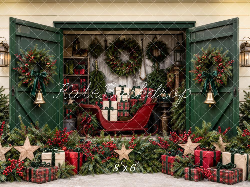 Kate Christmas Green Door Sleigh Wreath Gift Display Printed Backdrop Designed by Patty Roberts