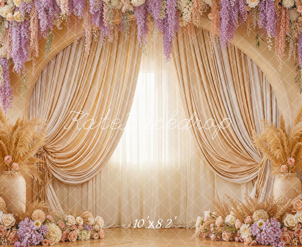 Kate Boho Flower Arch Cream Curtains Pampas Grass Floral Arrangement Backdrop Designed by Emetselch