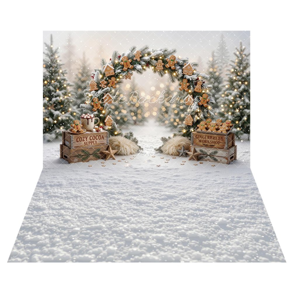 Kate Christmas Gingerbread Arch Cozy Cocoa Snowy Trees Printed Backdrop+Snowy White Winter Texture Printed Backdrop