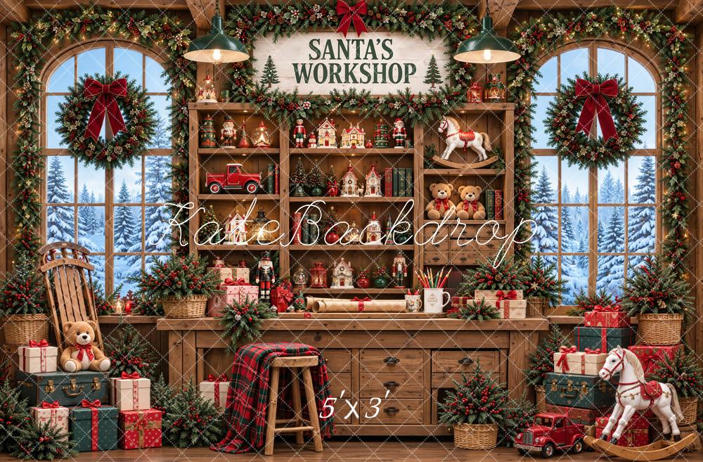 Kate Christmas Santa's Workshop Rustic Toy Cabinet Window Wood Printed Backdrop Designed by Emetselch