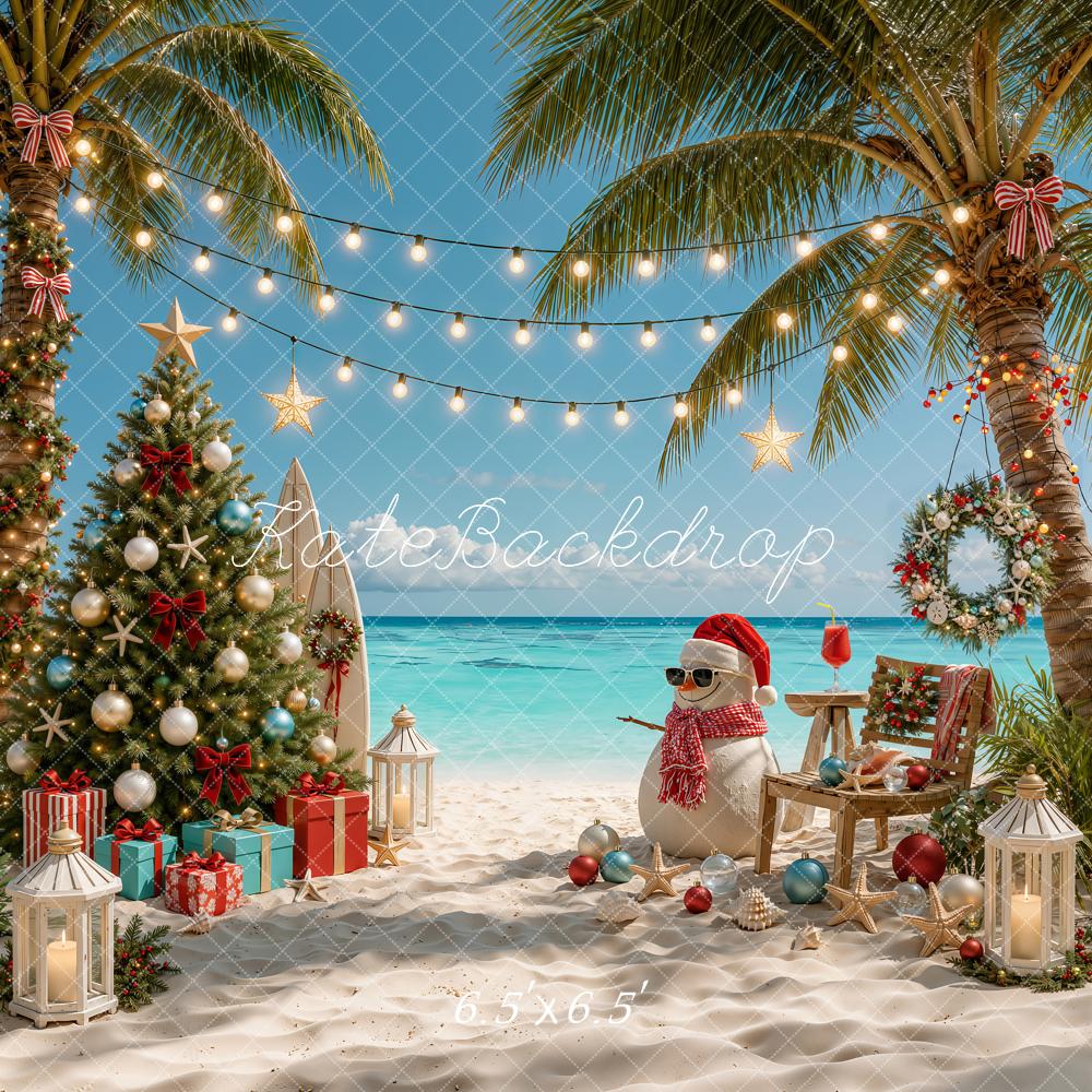 Kate Christmas Tropical Beach Snowman Tree Printed Backdrop Designed by Emetselch