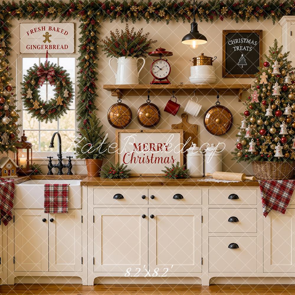 Kate Christmas Tree White Kitchen Cabinet Pan Baking Plaid Printed Backdrop Designed by Shutter Swan Studios