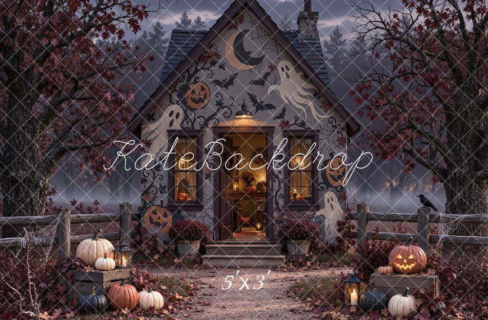 Kate Halloween Haunted House Bats Ghosts Pumpkins Printed Backdrop Designed by Emetselch