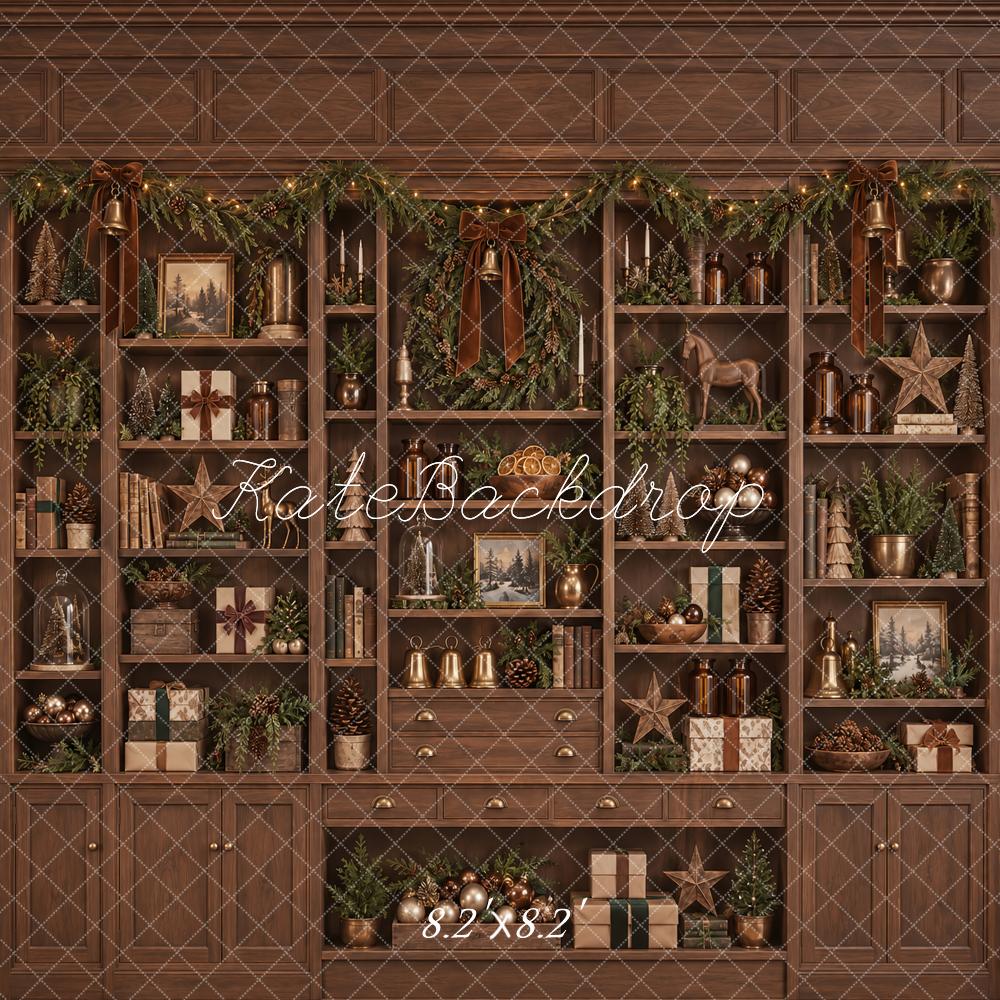 Kate Christmas Brown Cabinet Wreath Garland Shelves Printed Backdrop Designed by Vertigo Productions