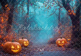 Kate Halloween Pumpkin Lanterns Forest Path Printed Backdrop Designed by Emetselch
