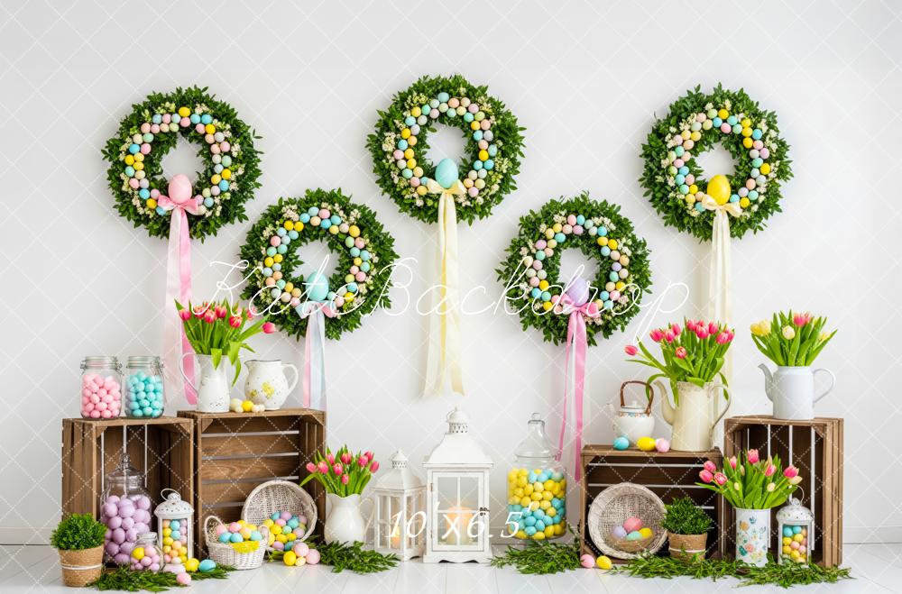 Kate Easter Wreath Pastel Eggs Tulips Crates Backdrop Designed by Patty Roberts