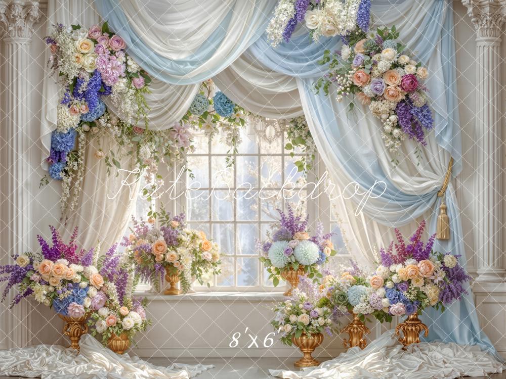Kate Summer Flower Arch Blue Drapes Window Columns Printed Backdrop Designed by Emetselch