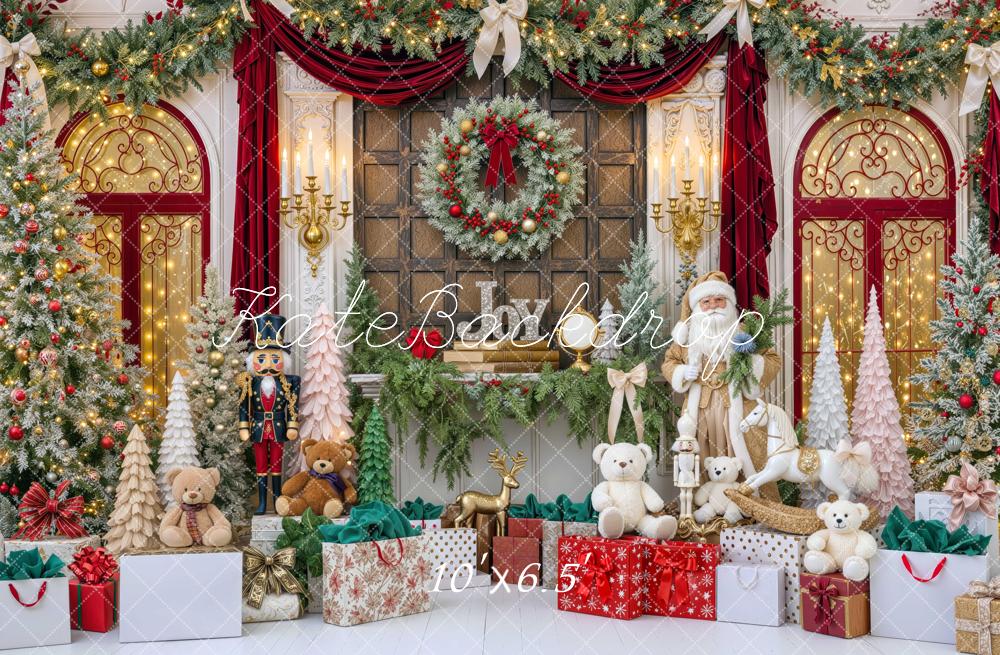 Kate Christmas Santa Claus Fireplace Mantel Garland Gifts Printed Backdrop Designed by Mini MakeBelieve