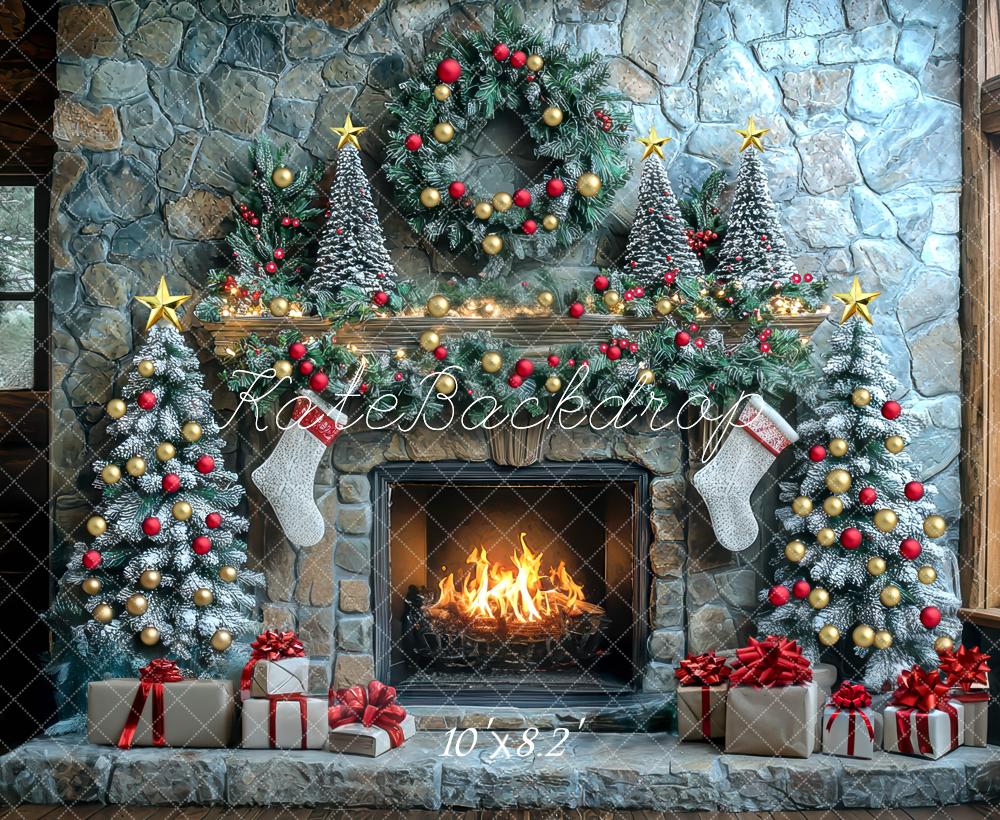 Kate Christmas Tree Stone Fireplace Wreath Winter Backdrop Designed by Mini MakeBelieve
