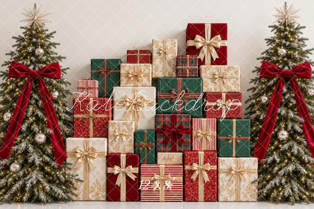 Kate Christmas Tartan Gift Boxes Trees Red Bow Printed Backdrop Designed by Emetselch