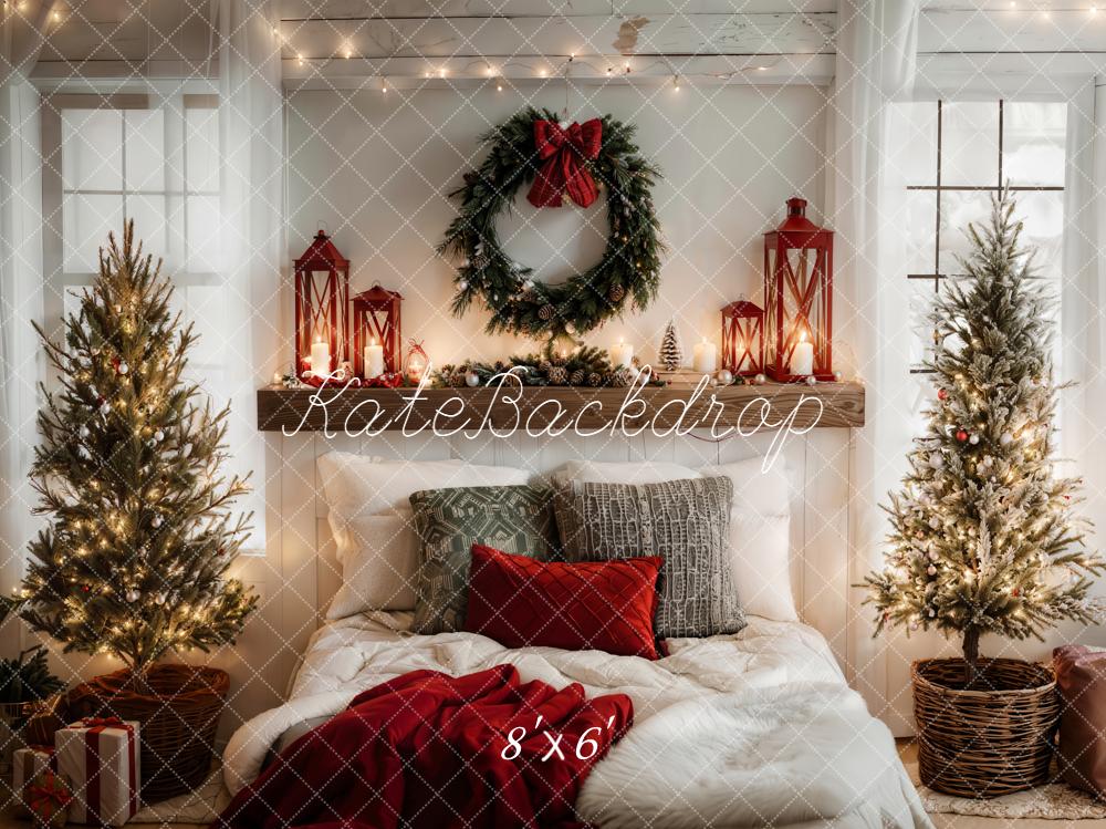 Kate Christmas Bedroom Wreath Lanterns Trees White Backdrop Designed by Emetselch