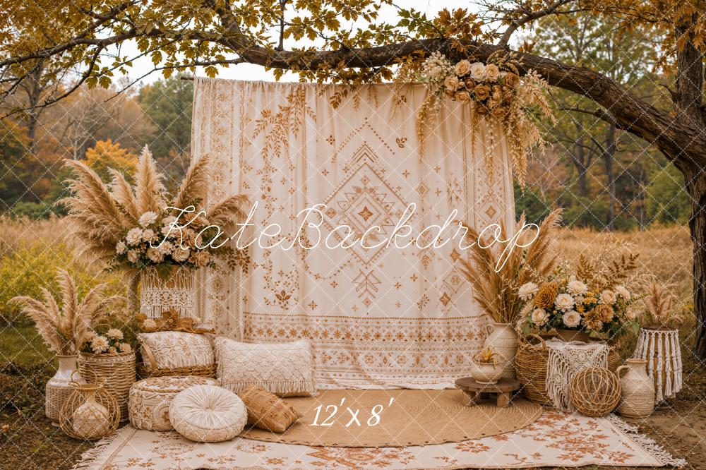 Kate Fall Boho Floral Pampas Grass Branch Arch Printed Backdrop Designed by Emetselch