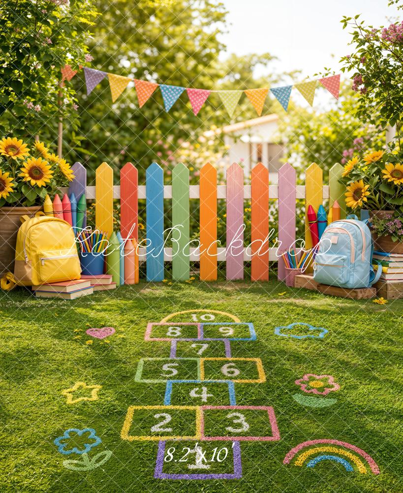 Kate Back to School Colorful Fence Hopscotch Playground Kids Printed Backdrop Designed by Emetselch