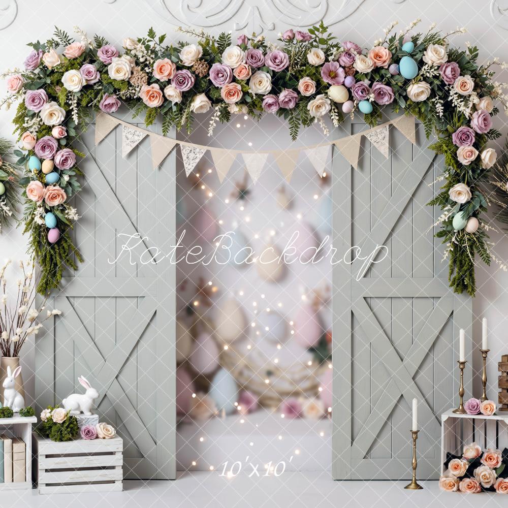 Kate Easter Bunny Flower Arch Pastel Barn Doors Backdrop Designed by Mini MakeBelieve
