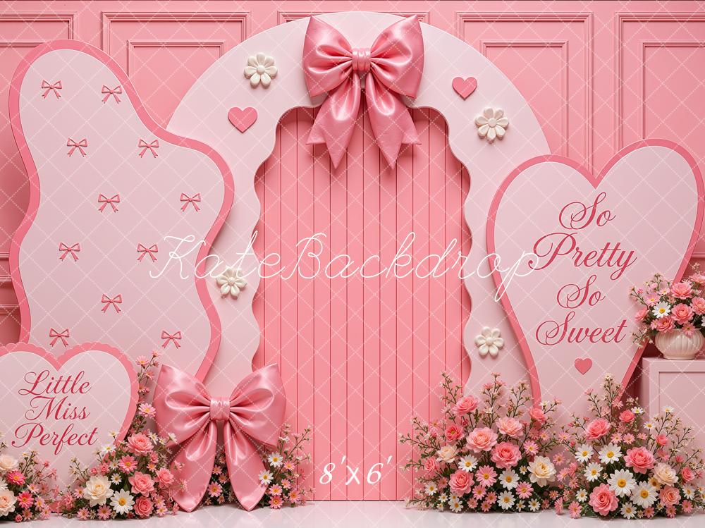 Kate Birthday Girls Pink Princess Bow Floral Arch Heart Printed Backdrop Designed by Shutter Swan Studios
