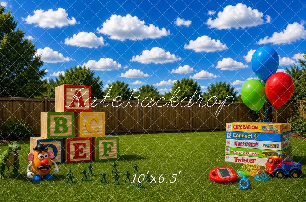 Kate Kids Backyard Toys Balloons Blocks Board Games Printed Backdrop Designed by Megan Leigh Photography