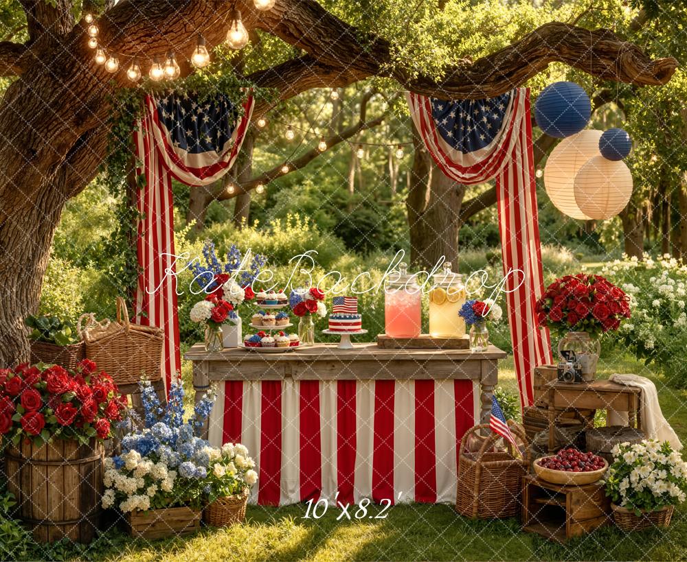 Kate Independence Day Patriotic Picnic Table Red White Blue Flowers American Flags Printed Backdrop Designed by Emetselch