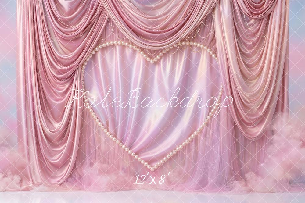 Kate Valentines Romantic Pink Drapes Pearl Heart Printed Backdrop Printed Backdrop Designed by Angela Miller