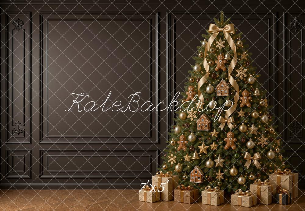 Kate Christmas Gingerbread Tree Gifts Black Paneled Wall Printed Backdrop Designed by Shutter Swan Studios