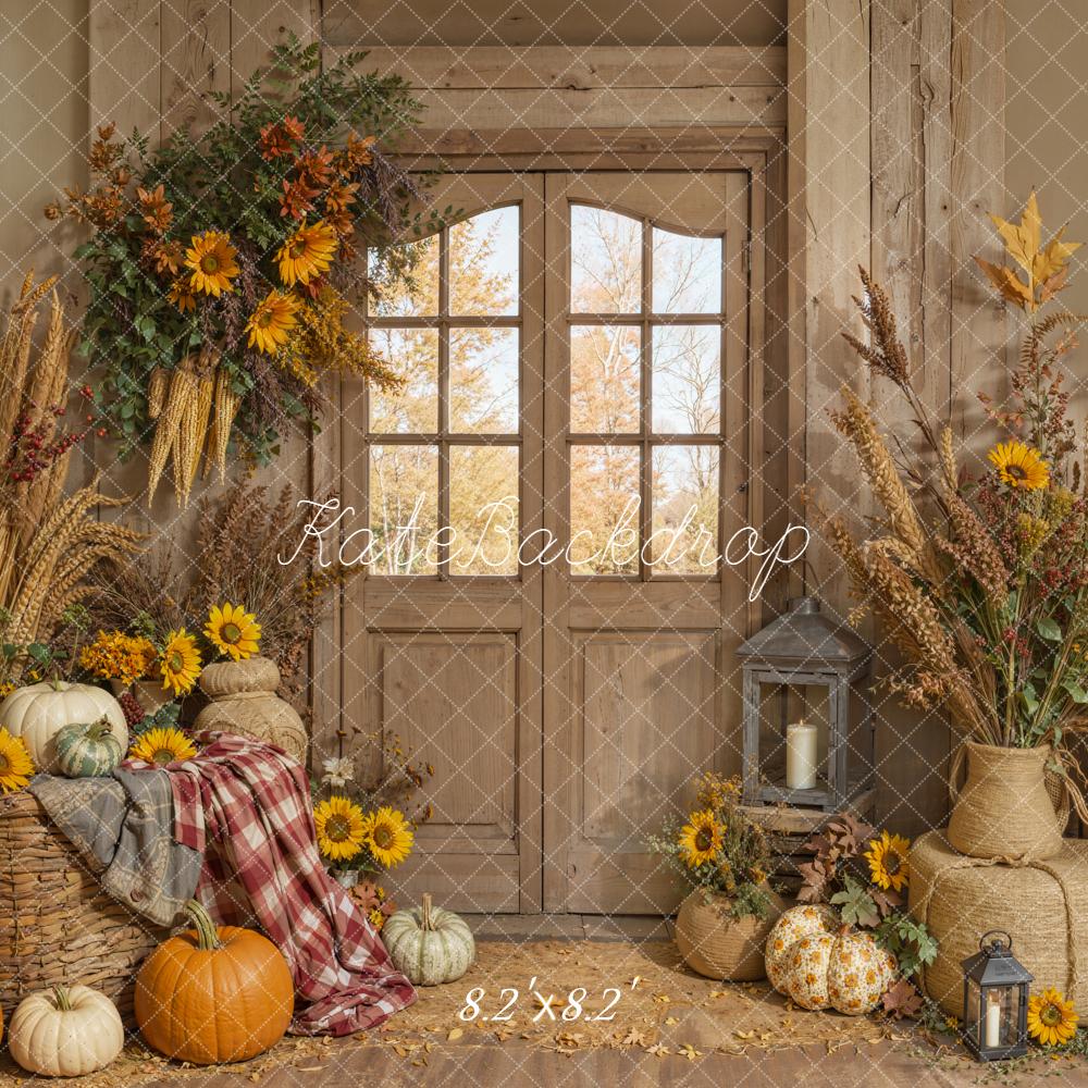 Kate Fall Rustic Door Pumpkin Sunflower Harvest Backdrop Designed by Emetselch