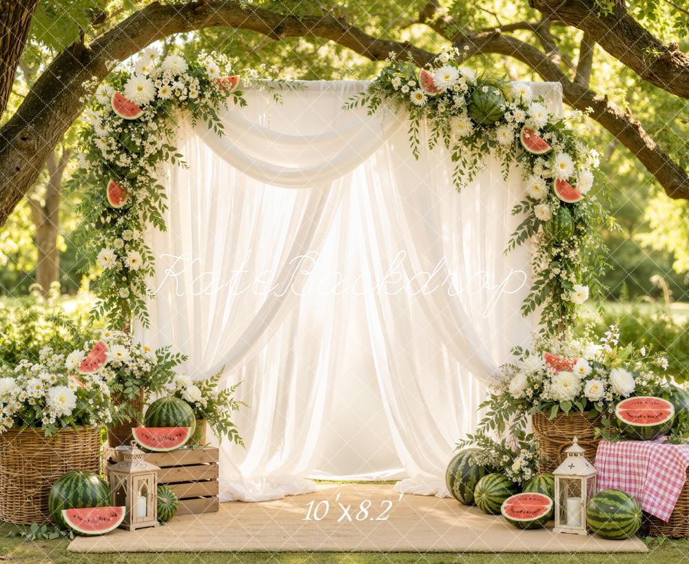 TEST Kate Summer White Drapes Watermelon Floral Arch Printed Backdrop Designed by Emetselch