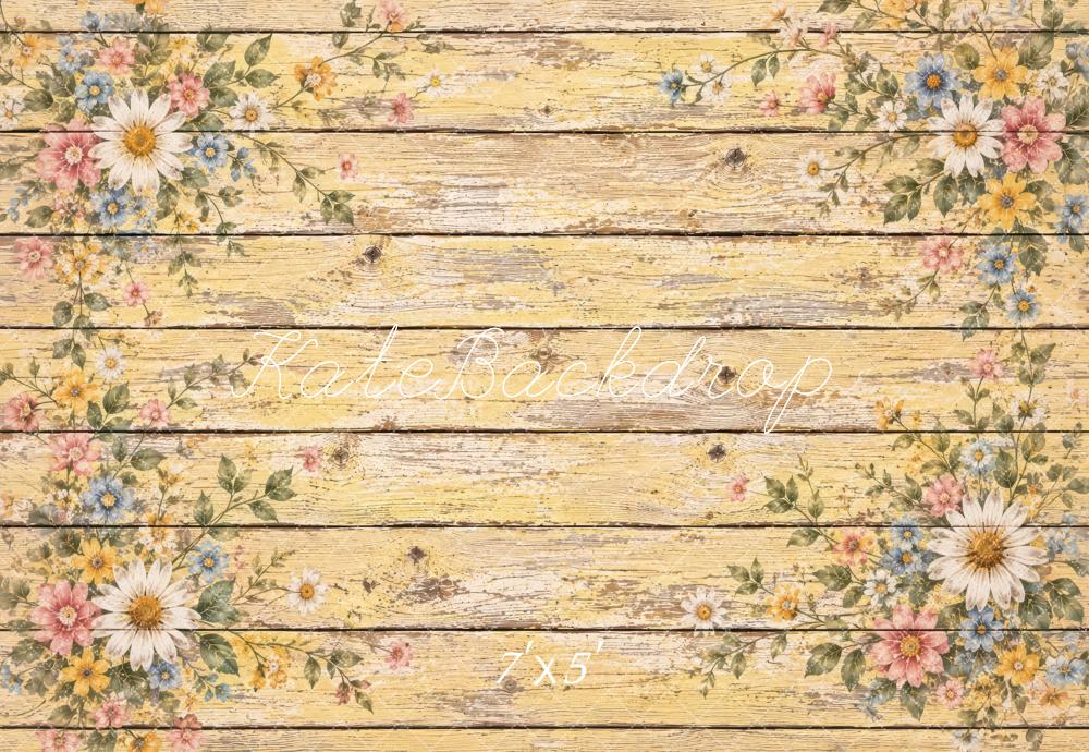 Kate Yellow Vintage Floral Wood Plank Floor Printed Backdrop Designed by Laura Bybee