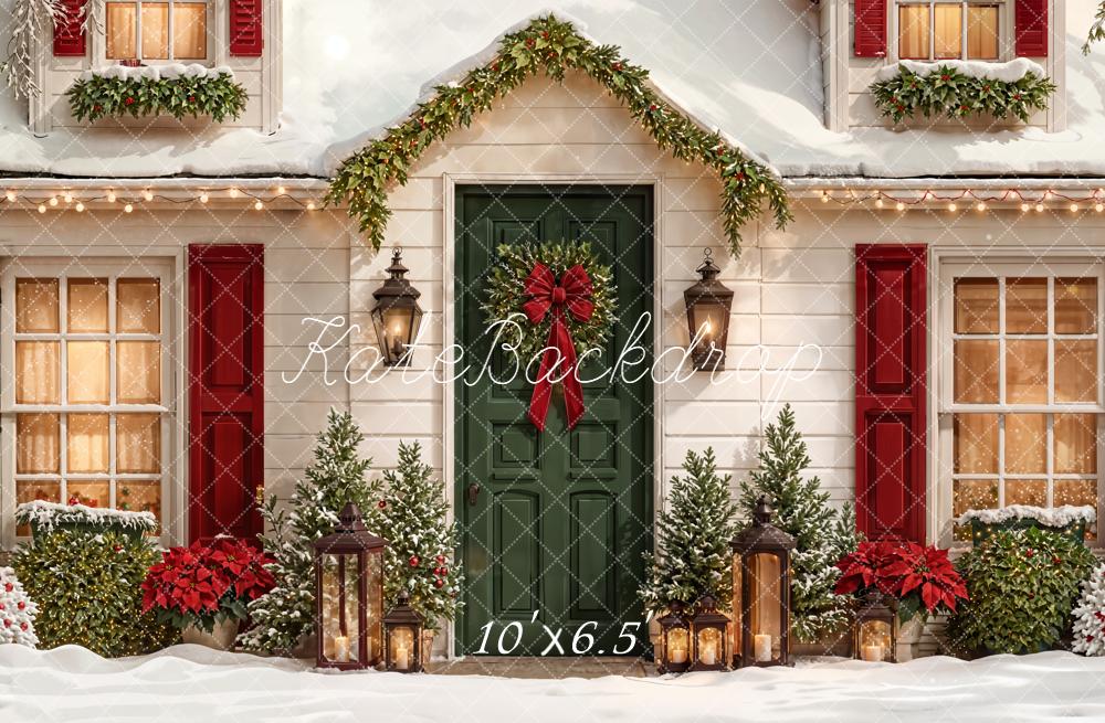 Kate Christmas Snowy House Green Door Wreath Lanterns Backdrop Designed by Emetselch
