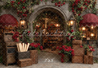 Kate Valentine's Day Vintage Library Archway Red Roses Bookshelves Lanterns Printed Backdrop Designed by Ashley Paul