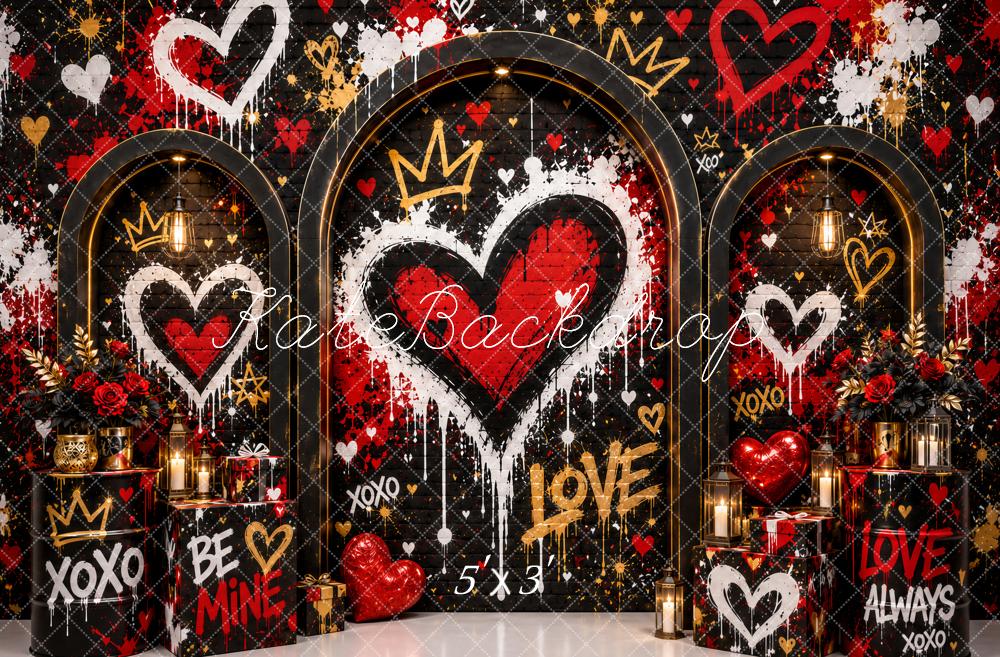 Kate Valentine's Day Black Graffiti Hearts Crowns Arch Printed Backdrop Designed by Ashley Paul