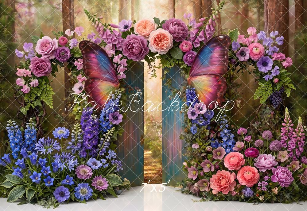 Kate Fantasy Enchanted Butterfly Gate Flower Forest Printed Backdrop Designed by Angela Miller