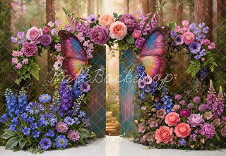 Kate Fantasy Enchanted Butterfly Gate Flower Forest Printed Backdrop Designed by Angela Miller