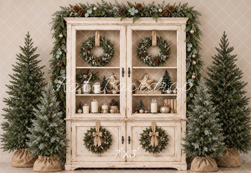 Kate Christmas Vintage Cabinet Wreaths Evergreen Trees Printed Backdrop Designed by Emetselch