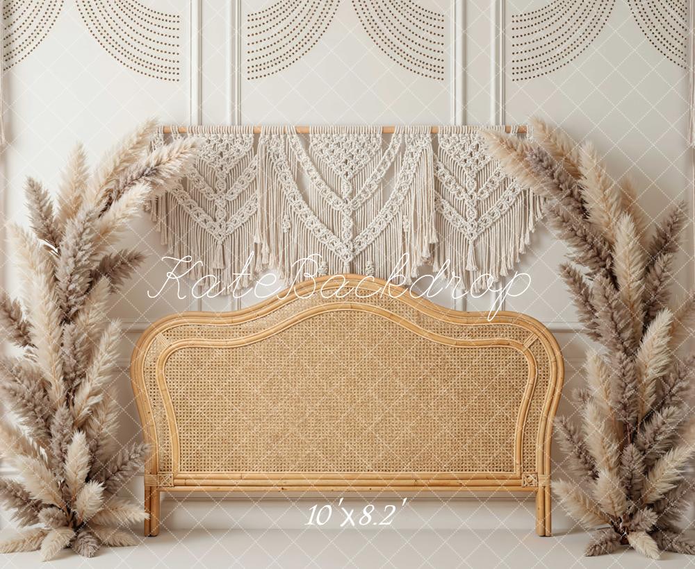 Kate Boho Macrame Rattan Headboard Pampas Grass Printed Backdrop Designed by Mini MakeBelieve