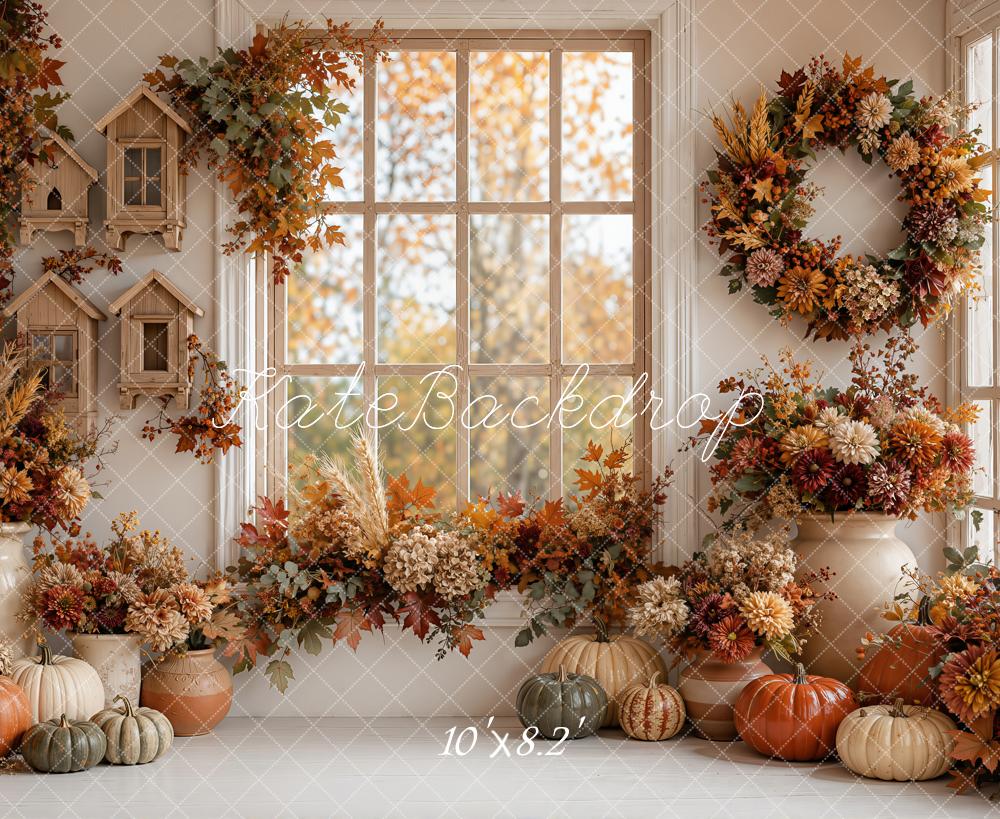 Kate Fall Cozy Interior Pumpkins Floral Window Wreath Printed Backdrop Designed by Emetselch
