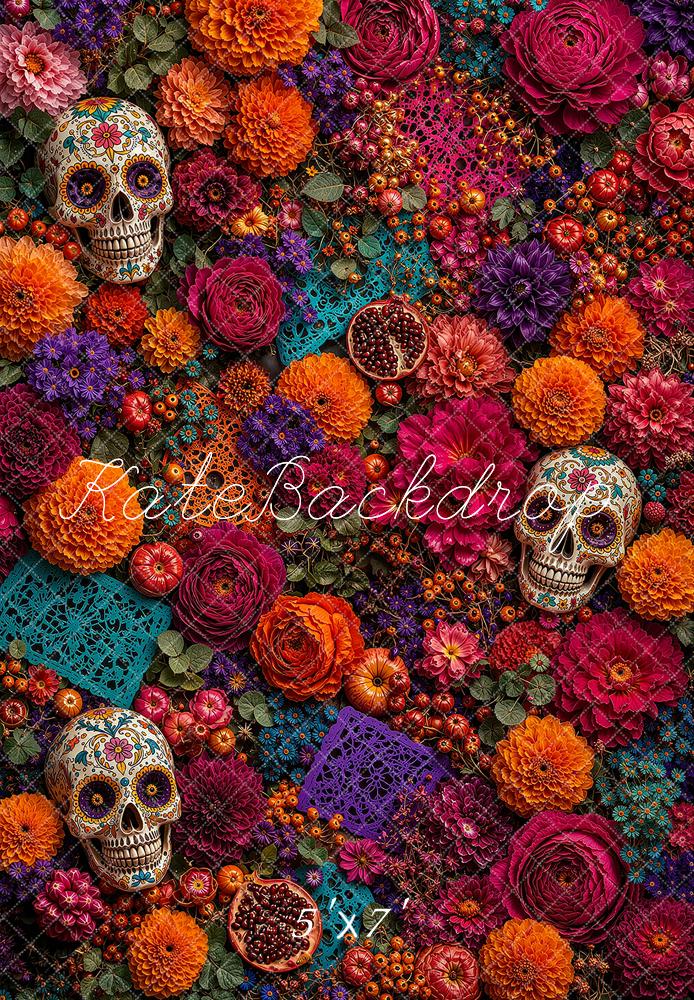 Kate Day of the Dead Sugar Skull Floral Marigold Printed Backdrop Designed by Ashley Ward