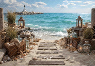 Kate Beach Lighthouse Lantern Coastal Pathway Printed Backdrop Designed by Mini MakeBelieve