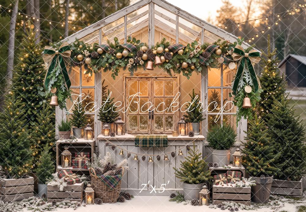 Kate Christmas Vintage Greenhouse Garland Pine Trees Printed Backdrop Designed by Emetselch