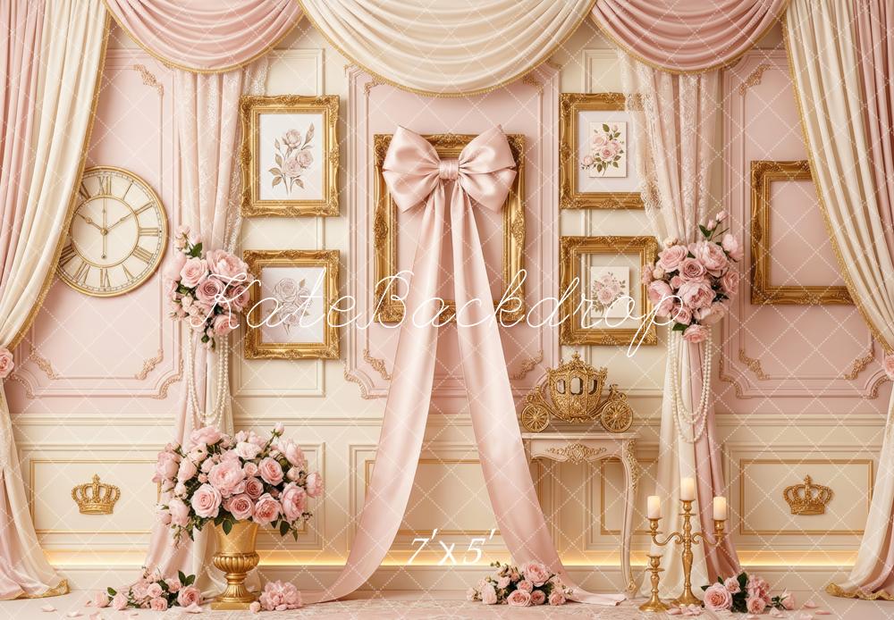 Kate Vintage Pink Bow Curtains Floral Gold Frame Wall Printed Backdrop Designed by Patty Roberts