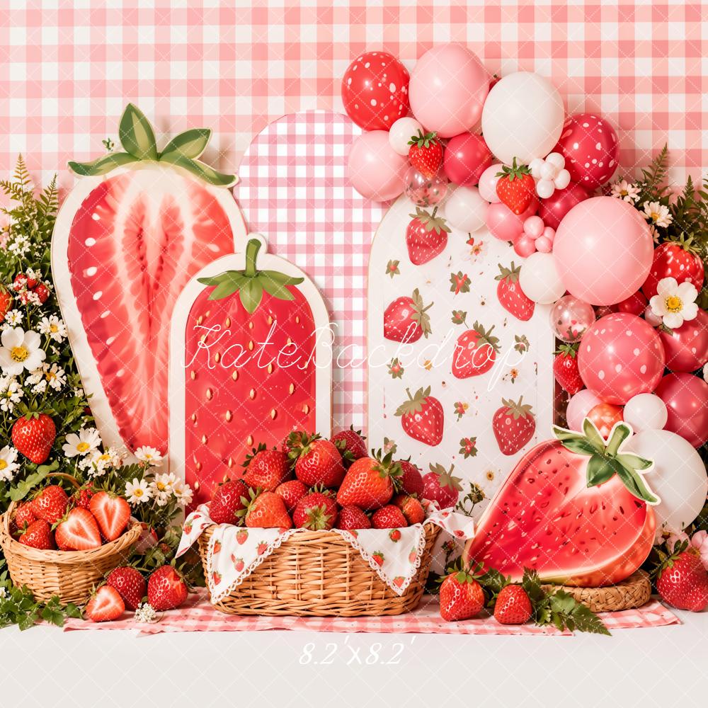 Kate Summer Strawberry Picnic Baskets Pink Checkered Balloons Printed Backdrop Designed by Emetselch