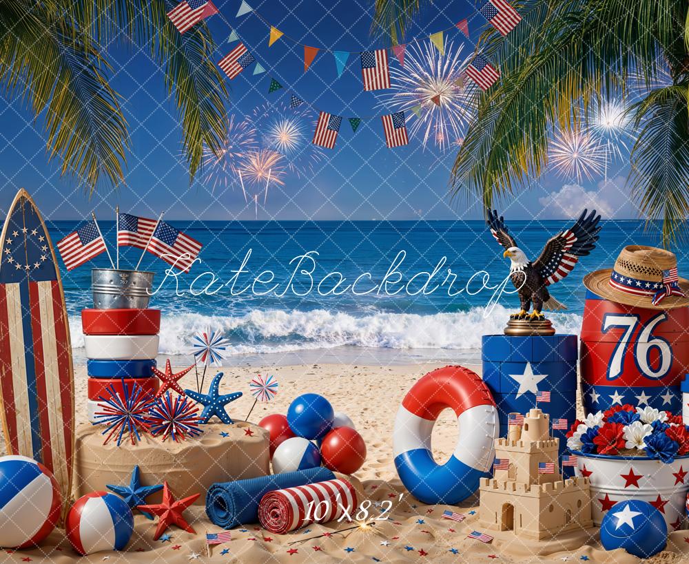 Kate Summer Patriotic Beach Fireworks Surfboard Eagle Sandcastle Printed Backdrop Designed by Emetselch