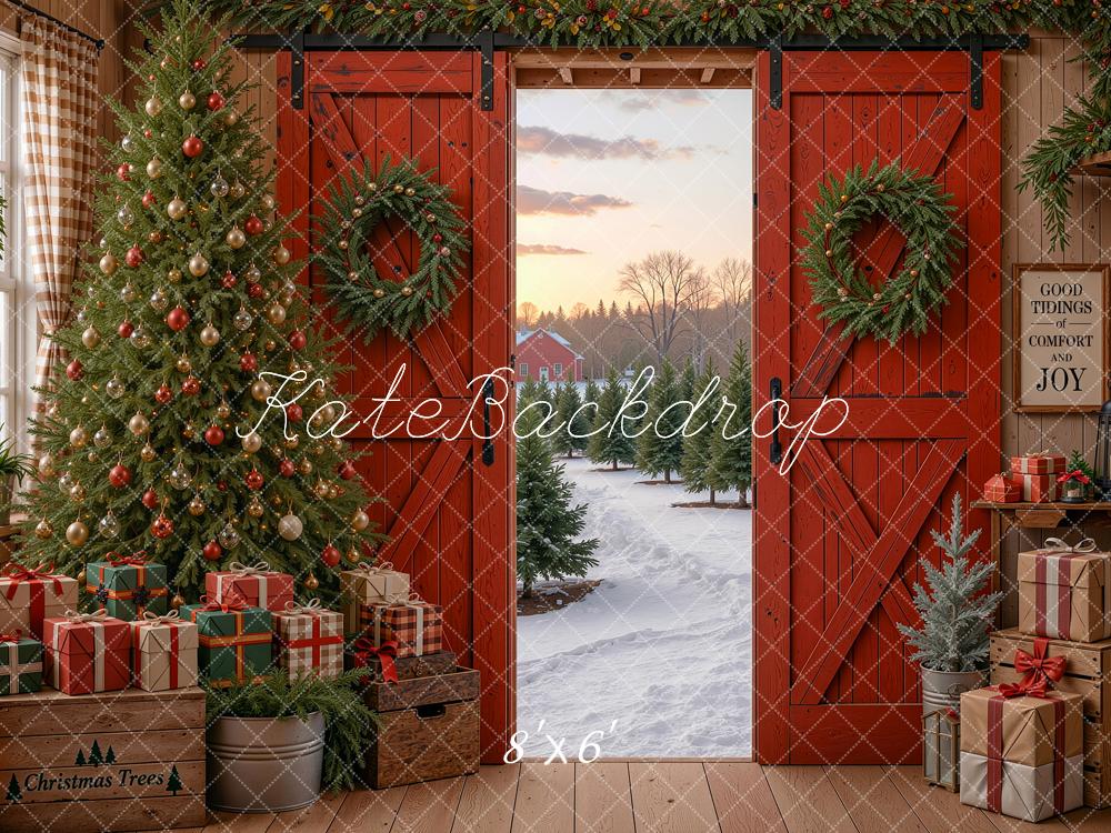 Kate Christmas Red Barn Doors Tree Wreaths Snowy Path Printed Backdrop Designed by Shutter Swan Studios