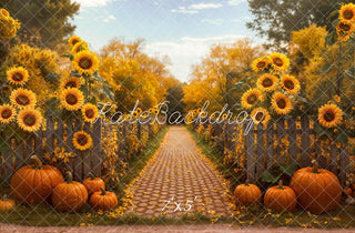 Kate Fall Sunflower Pumpkin Cobblestone Pathway Printed Backdrop Designed by Emetselch
