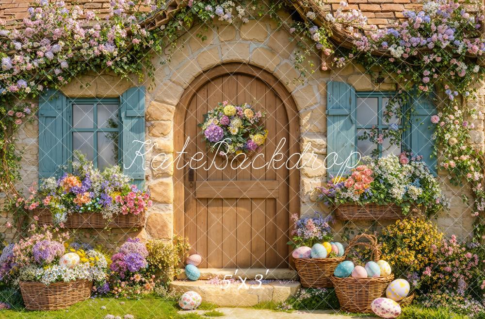 Kate Easter Bunny Floral Cottage Door Printed Backdrop Designed by Emetselch