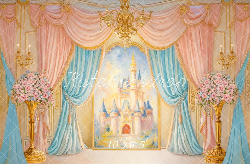 Kate Cake Smash Fairy Fantasy Castle Gold Chandelier Pink Blue Drapes Backdrop Designed by GQ