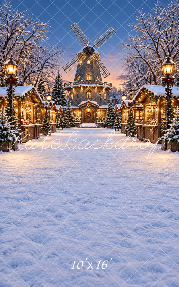 Kate Sweep Christmas Snowy Blue Windmill Market Village Printed Backdrop Designed by Vertigo Productions