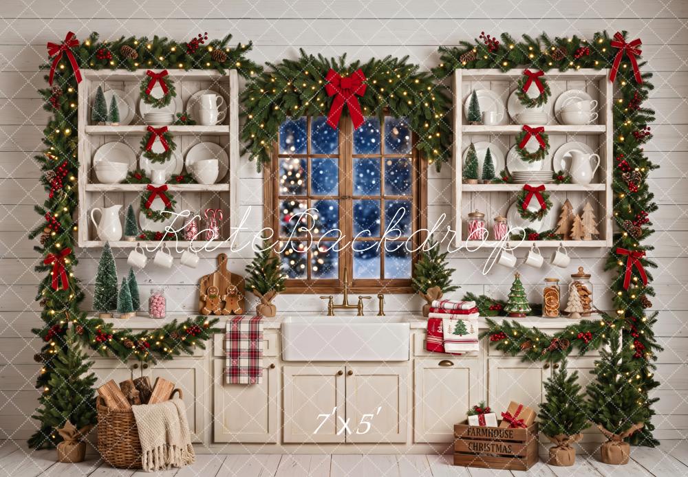 Kate Christmas Kitchen Farmhouse Window Garland White Printed Backdrop Designed by Patty Roberts