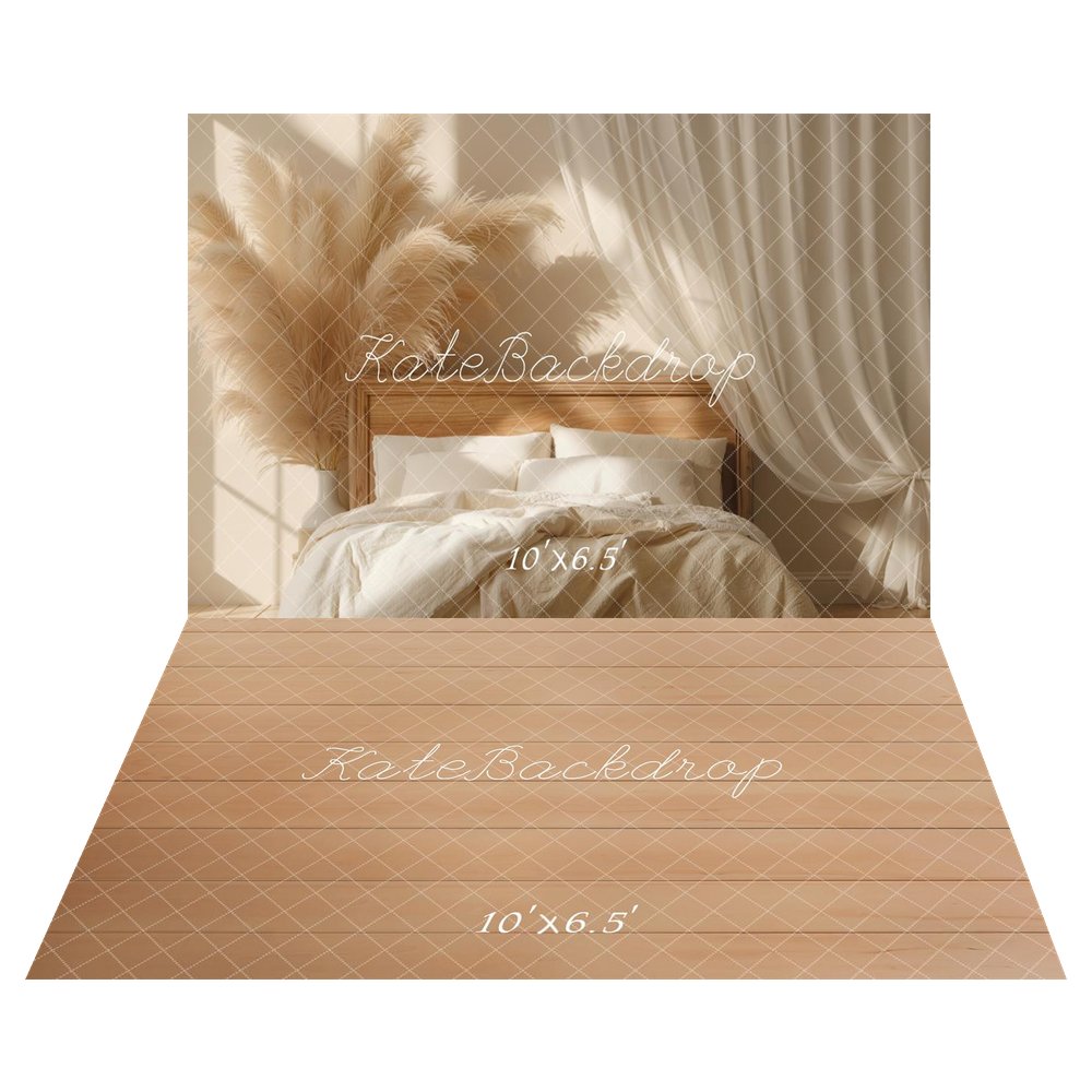 Kate Boho Headboard Pampas Grass Curtain Neutral Backdrop+Light Wood Plank Wall Backdrop