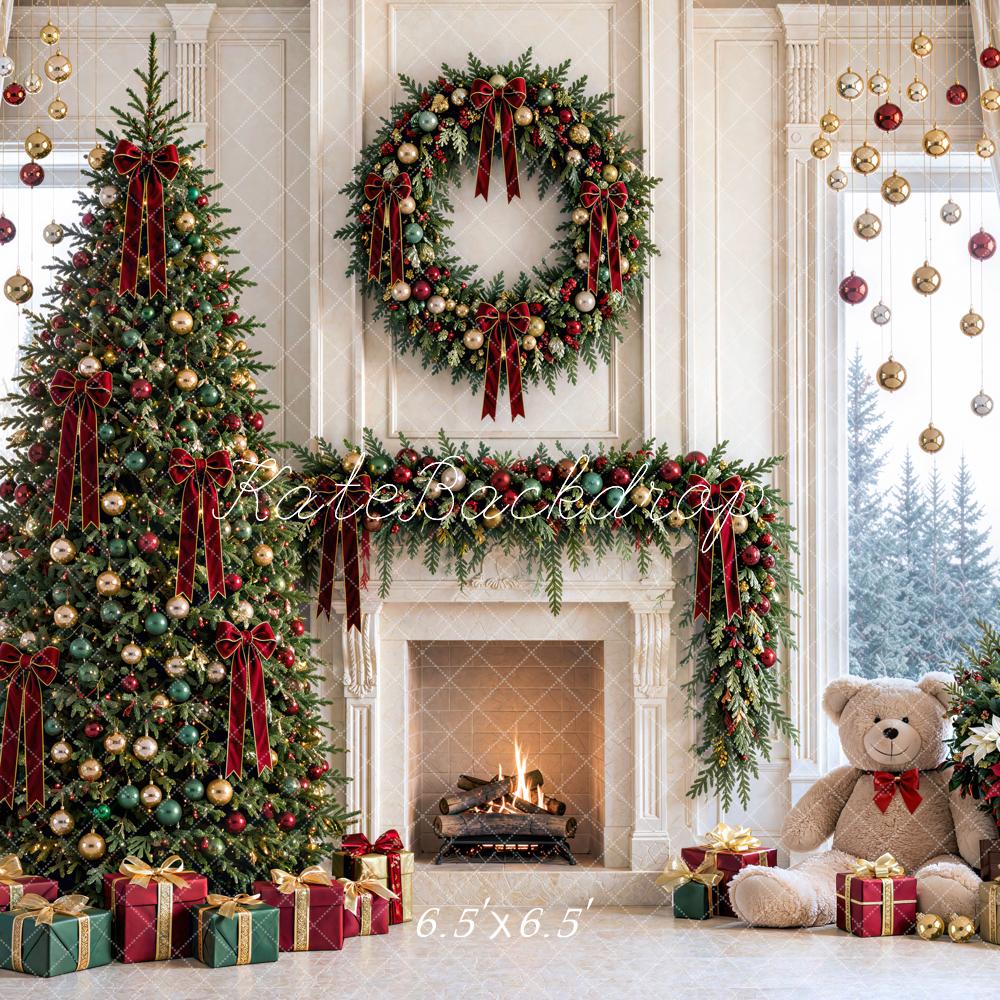 Kate Christmas Tree Wreath Fireplace Ornaments Printed Backdrop Designed by Mini MakeBelieve