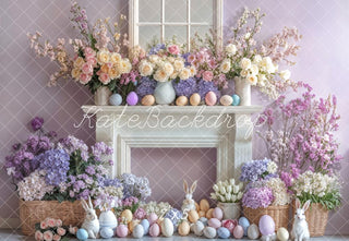 Kate Easter Bunny Flowers Fireplace Purple Printed Backdrop Designed by Emetselch